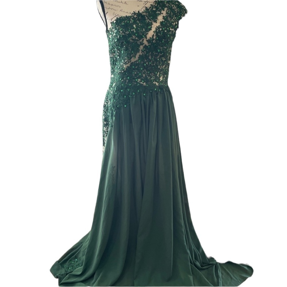 Emerald Green One Shoulder Lace Side-Slit A-Line Long Prom Dress​​​